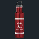 Ihr Bootname Leuchtturm White Striped Red Edelstahlflasche<br><div class="desc">Ihr Personalisierter Name,  Bootname oder Text mit einem Leuchtturm aus Nautic auf einer Flasche aus rotem Edelstahl.</div>