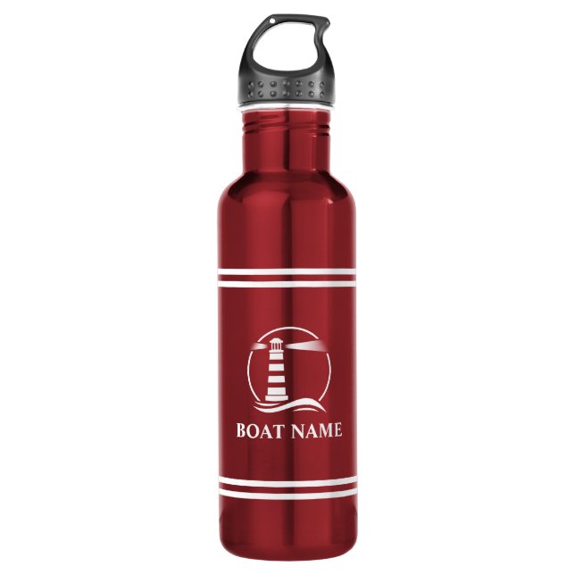 Ihr Bootname Leuchtturm White Striped Red Edelstahlflasche (Vorderseite)