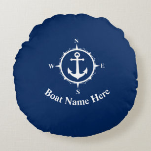 Ihr Bootname mit Compass Anchor Navy Blue Rundes Kissen