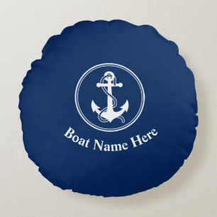Ihr Bootname mit Rock & Anchor Navy Blue Rundes Kissen