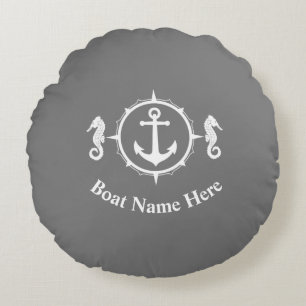 Ihr Bootname mit Seepferd Anker auf Grau Rundes Kissen