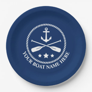 Ihr Bootname oder Textanker und Oars Navy Blau Pappteller