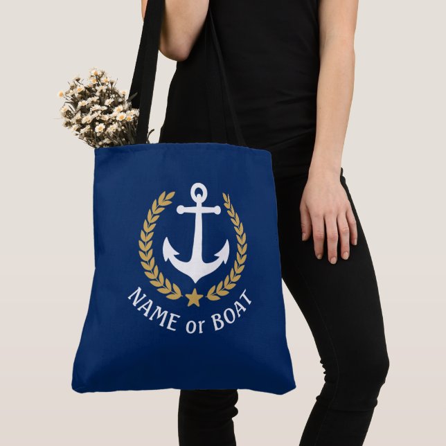 Ihr Bootsname Anchor Gold Laurel Große Marine Blau Tasche (Von Nahem)