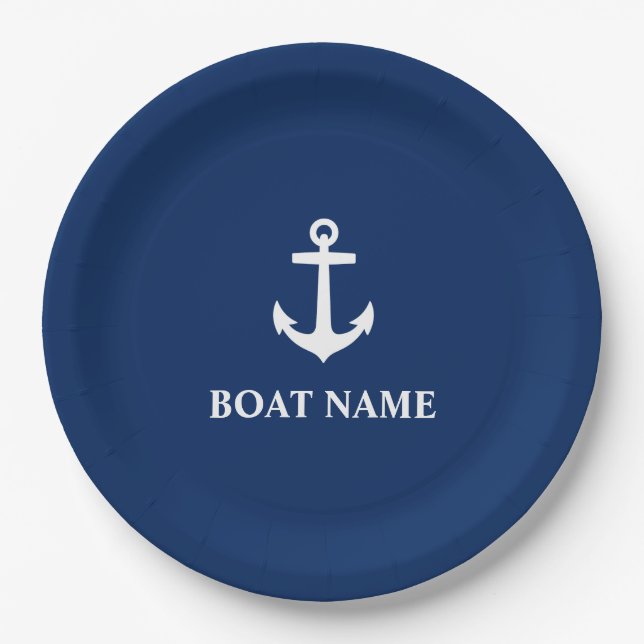 Ihr Bootsname Anchor Navy Blue 9" Pappteller (Vorderseite)
