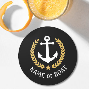 Ihr Bootsname Anker Gold Lorbeer Stern Schwarz Runder Pappuntersetzer