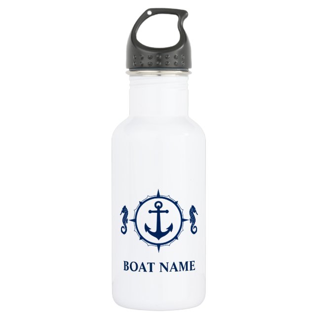 Ihr Bootsname Blue Seepferd Anker Weiß Edelstahlflasche (Vorderseite)