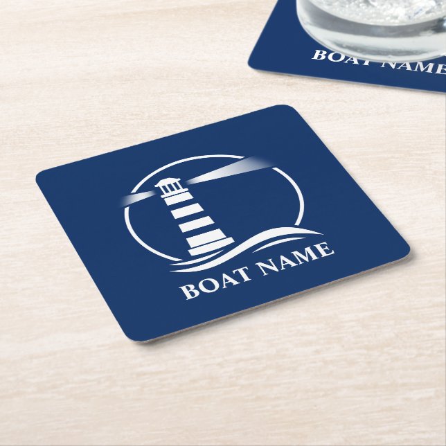 Ihr Bootsname Classic Lighthouse Navy Blue Rechteckiger Pappuntersetzer (angewinkelt)
