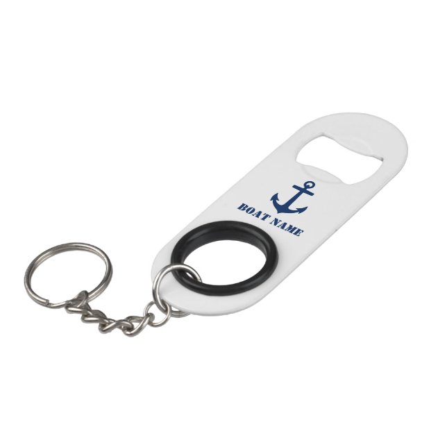 Ihr Bootsname Classic Nautical Anchor Navy Blue Mini Flaschenöffner (Vorderseite Schrägansicht)