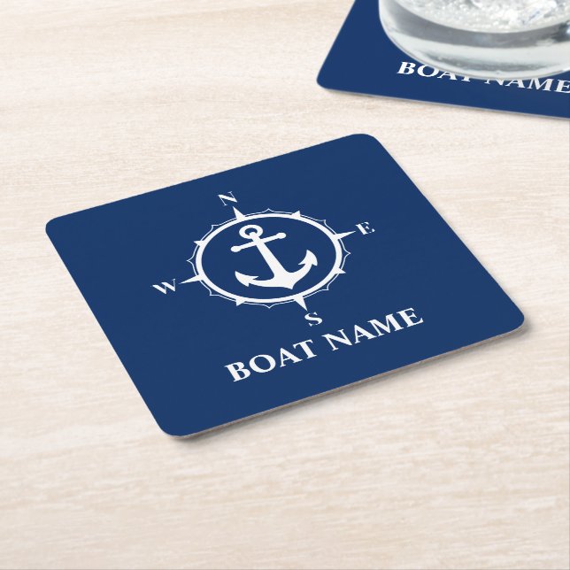Ihr Bootsname Compass Anchor Blue Square Rechteckiger Pappuntersetzer (angewinkelt)