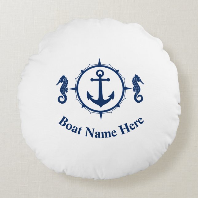 Ihr Bootsname mit Seepferd Anker Rundes Kissen (Vorderseite)