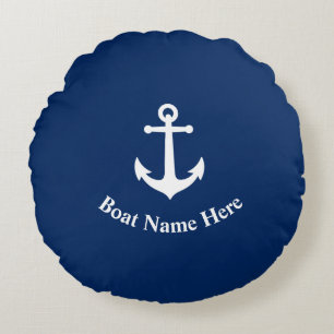 Ihr Bootsname mit vintage Anker Navy Blau Rundes Kissen