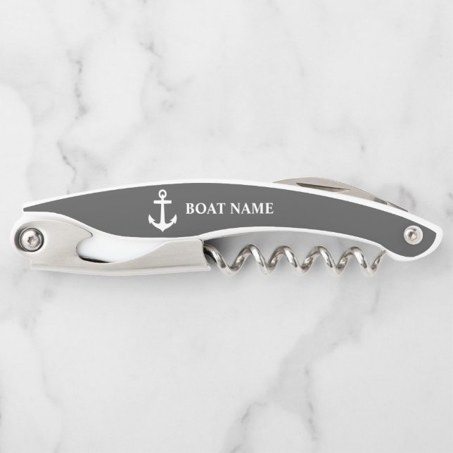 Ihr Bootsname Nautical Anchor Navy Grau Kellnermesser (Vorderseite)