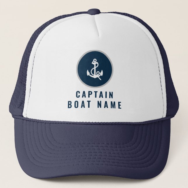 Ihr Bootsname Nautical Blue White AnchKapitän Truckerkappe (Vorderseite)