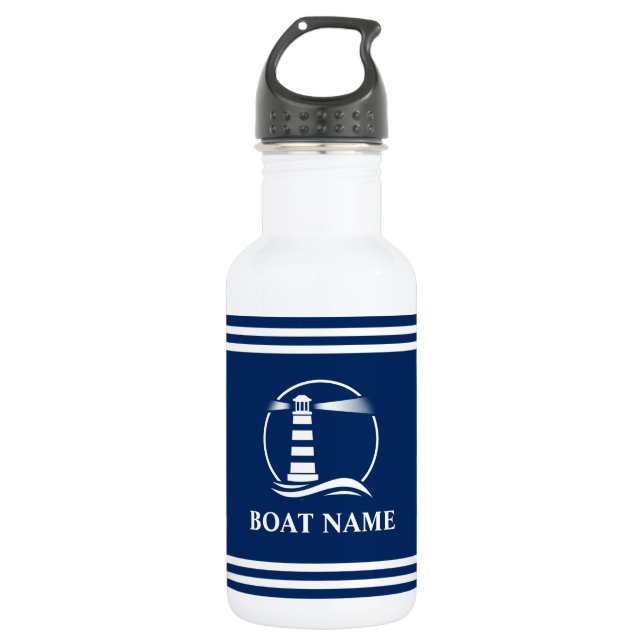 Ihr Bootsname Nautical Lighthouse gestreift Edelstahlflasche (Vorderseite)