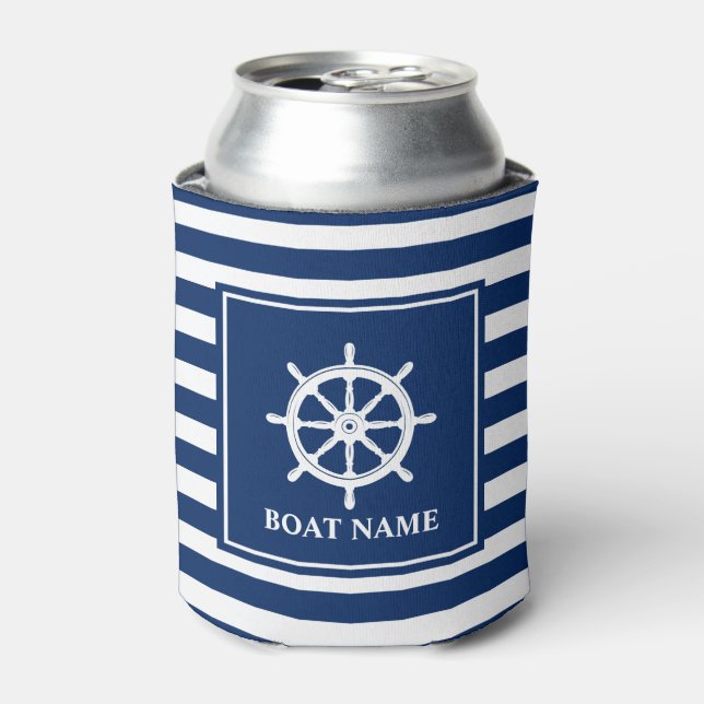 Ihr Bootsname Schiff Rad Helm Navy gestreift Dosenkühler (Kanne Vorderseite)