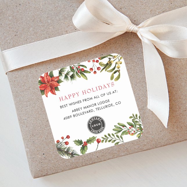 Ihr Business Logo Weihnachten Rote Berge Quadratischer Aufkleber (Business Logo Botanical Red Berries Happy Holidays Christmas Square Sticker)