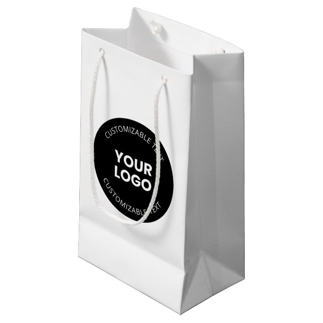 Ihr eigenes hochgeladenes Firmenlogo mit/bearbeite Kleine Geschenktüte (Vorderseite Schrägansicht)