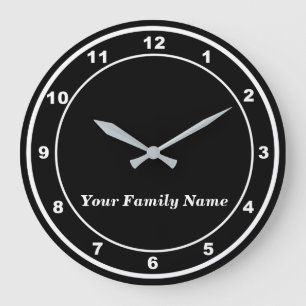 Ihr Familienname auf schwarzer runder Wanduhr