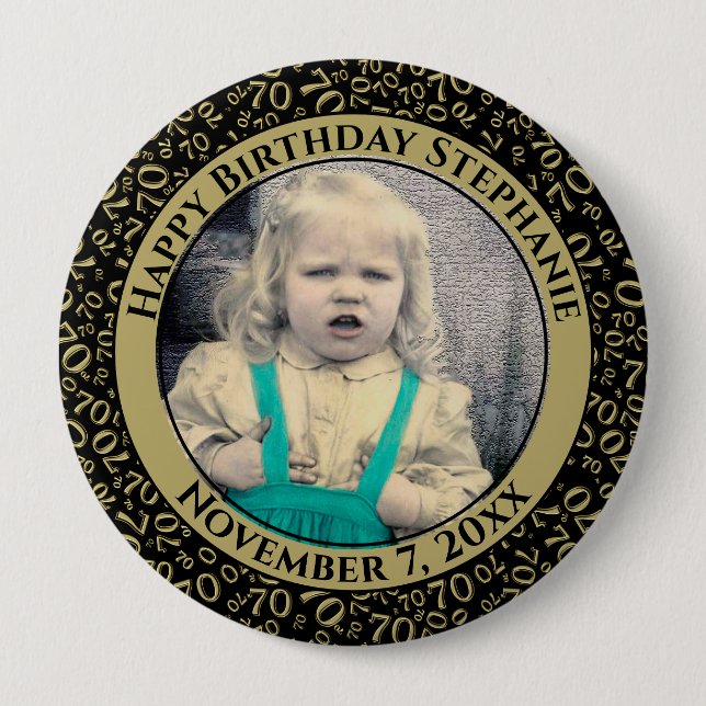 Ihr Foto 70. Geburtstag Zahlenmuster Schwarz/Gold Button (Vorderseite)