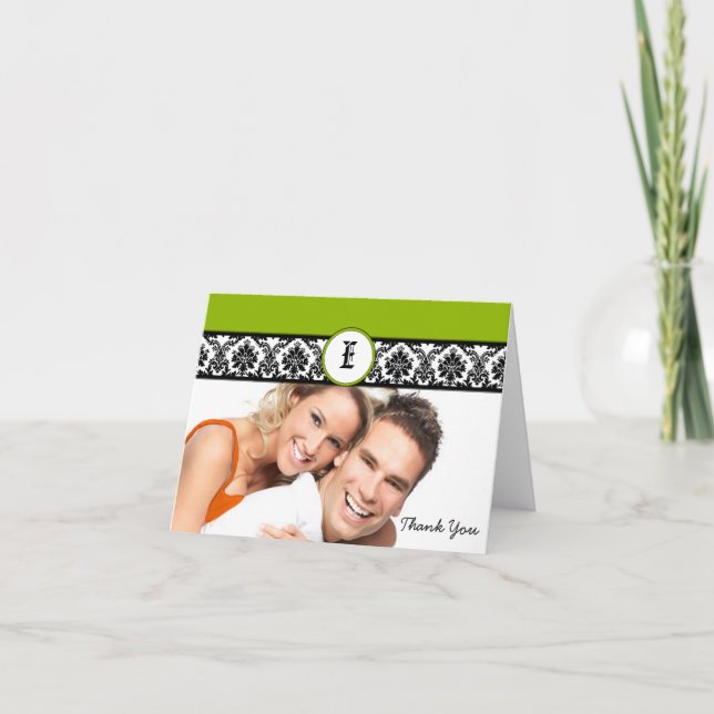 Ihr Foto Apple Green & Black Damask Vielen Dank Dankeskarte (Vorderseite)