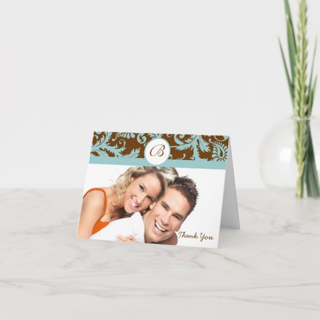 Ihr Foto Aqua & Brown Damask Wedding Vielen Dank Dankeskarte (Vorderseite)