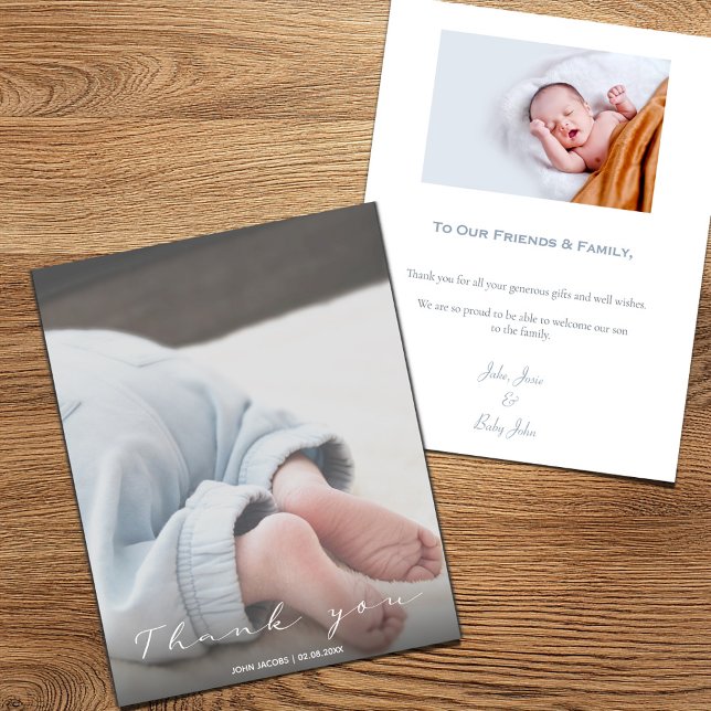 Ihr Foto, Baby Junge, Baby Dusche Dankeschön Karte (Baby shower "Thank you" card with full cover photo and a second photo and message on the back)