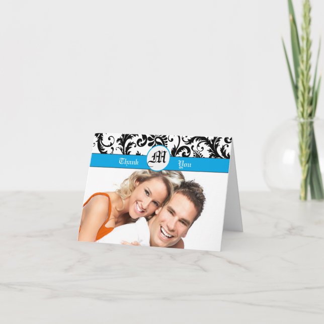 Ihr Foto Black Damask Aqua Borders Danke (Vorderseite)