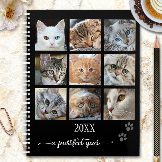 Ihr Foto Collage Niedlich Cat Planner Planer (Planner featuring your custom (cat) photos framed by a simple black design with cute paw prints )