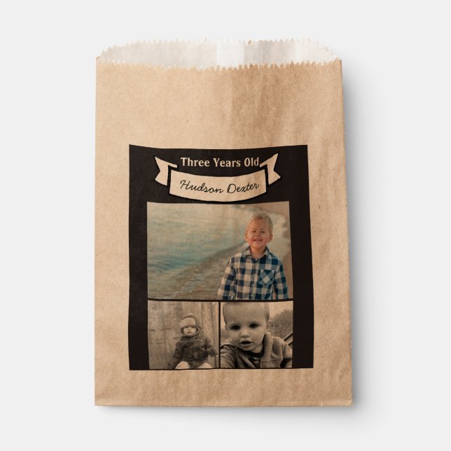 Ihr Foto Collage rustikales Banner drei Jahre alt Geschenktütchen (Vorderseite)