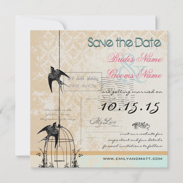 Ihr Foto Damask Bird Cage Wedding Save the Date (Vorderseite)