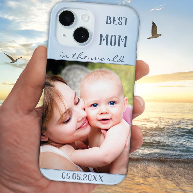 Ihr Foto Dusty Blue Best Mama Phone Case (Phone case featuring your photo on a pretty pale blue design. Beautiful for Mother's Day)