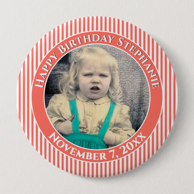 Ihr Foto Einfache Streifen Muster Koralle/Weiß Button (Vorderseite)