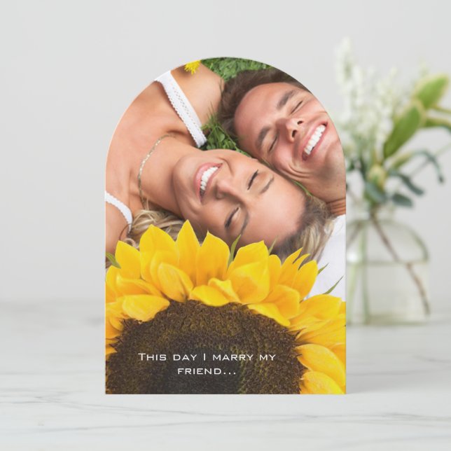 Ihr Foto Hochzeit Einladung mit Sonnenblumen (Stehend Vorderseite)
