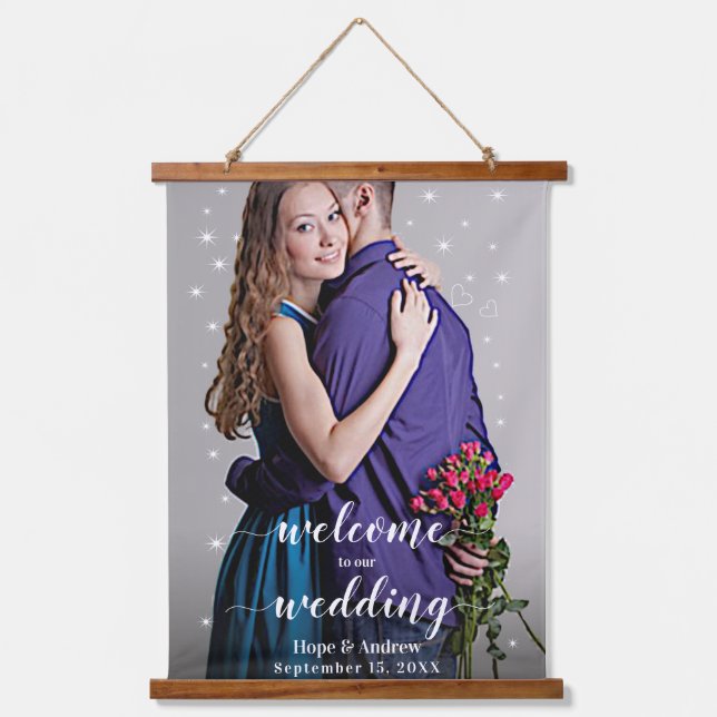 Ihr Foto Hochzeitskarte und Begrüßungsmauer Wandteppich Mit Holzrahmen (Vorderseite)