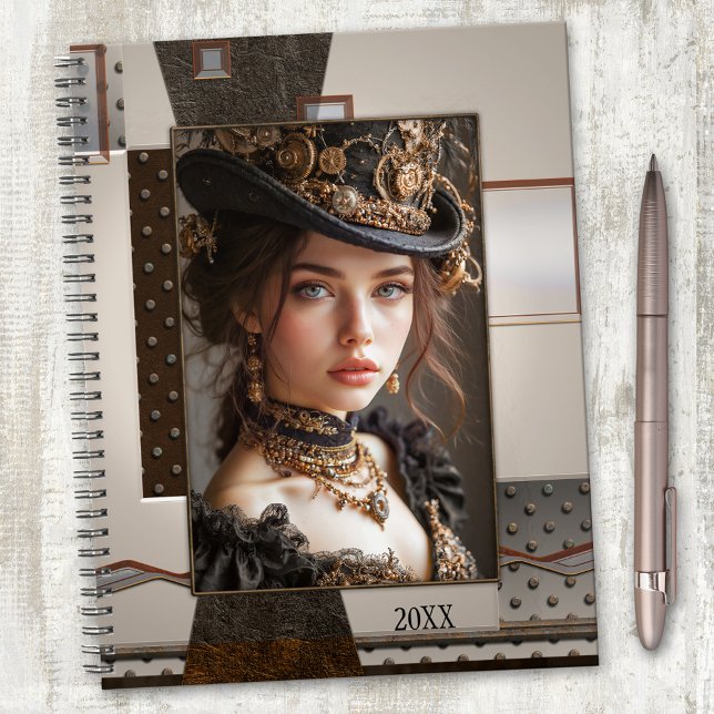 Ihr Foto Industrial Metal Steampunk Planer (Elegant planner featuring your custom photo framed by a steampunk artistic industrial design)