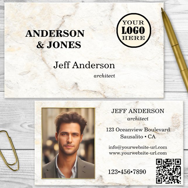 Ihr Foto mit einfachen Marmorbauten Visitenkarte (Business card featuring a simple design with white marble. With photo, logo and QR code template)