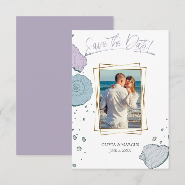 Ihr Foto Modern Seashells Lilac Dusty Blue Einladung (Vorne/Hinten)