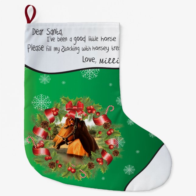 IHR FOTO Name Pferd Liebe Weihnachtsrahmen grün Großer Weihnachtsstrumpf (Vorderseite)