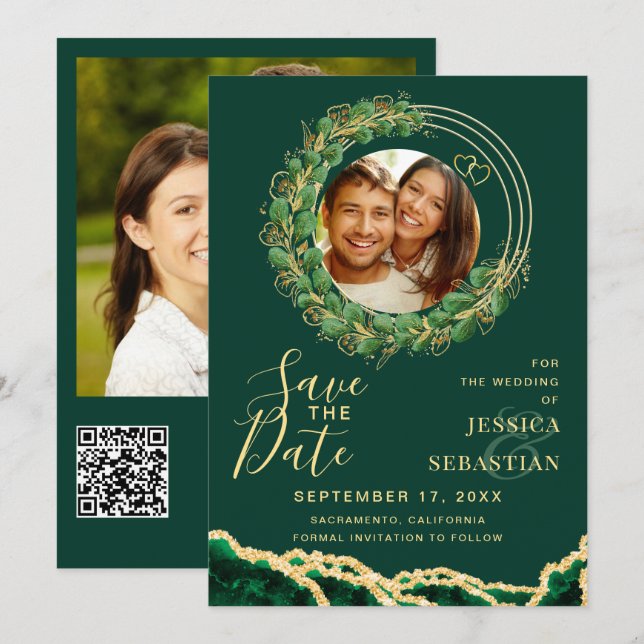 Ihr Foto QR-Code Smaragd grün und Gold Save The Date (Vorne/Hinten)