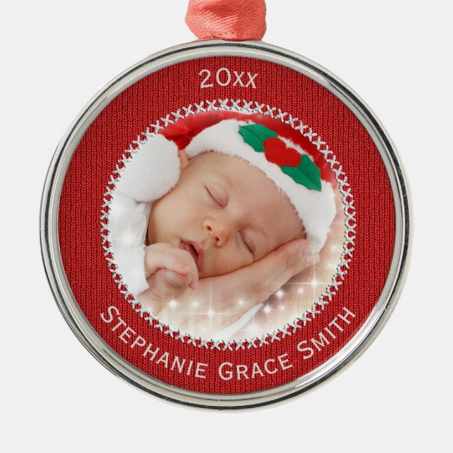Ihr Foto Red Strick Muster Bildrahmen rund Ornament Aus Metall (Vorne)