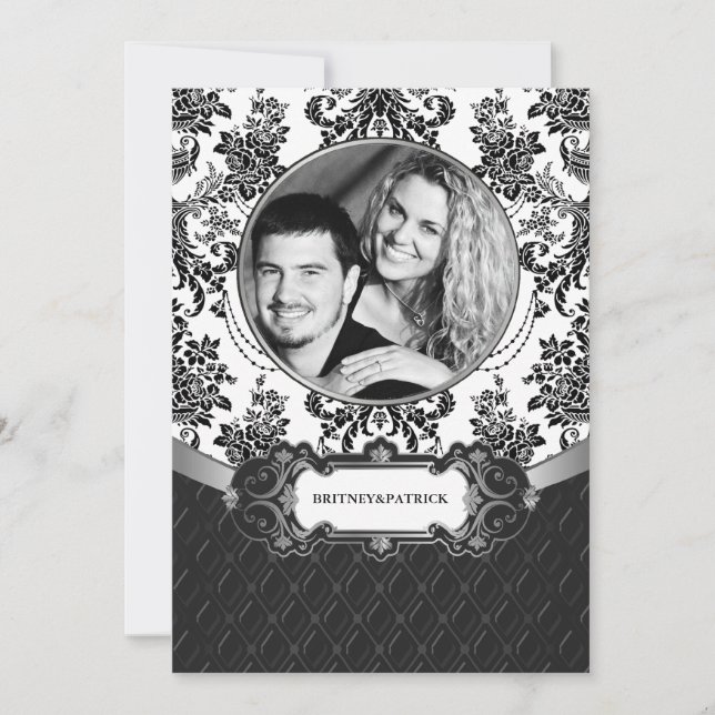 Ihr Foto Schwarz-weiß Damask Hochzeitsaufenthalte Einladung (Vorderseite)