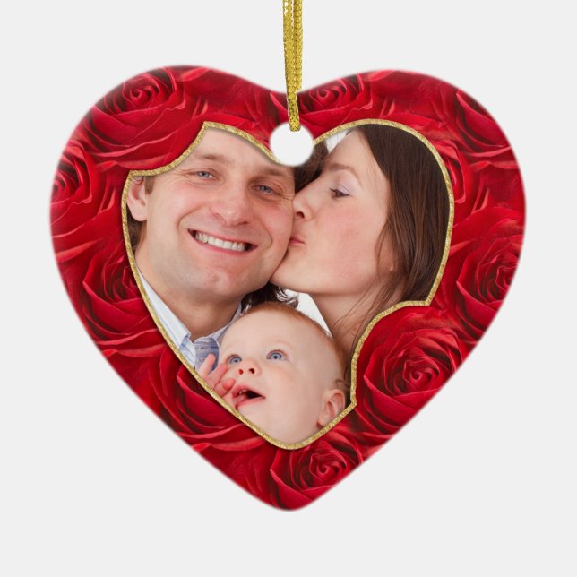 Ihr Foto: Weihnachts-Rote Rose-Muster Herzrahmen Keramik Ornament (Vorne)