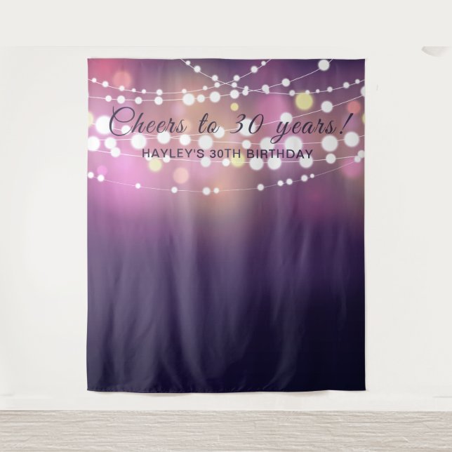 Ihr Geburtstag Foto Background String Lights Lila Wandteppich (Vorderseite)