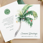 Ihr Geschäftslogo Tropical Palm Tree Weihnachten Mitteilungskarte<br><div class="desc">Eine moderne, stilvolle, flache Gästekarte mit moderner und handgeschriebener Schrift-Typografie mit einem geschmückten Palmenbaum. Passen Sie diese Karte einfach an, indem Sie auf die Schaltfläche "Personalisieren" klicken. Egal ob Sie Dankbarkeit ausdrücken, die besten Wünsche erweitern oder einfach nur den Geist der Saison teilen, unsere Custom Palm Tree Business Weihnachtsgrüße Card...</div>