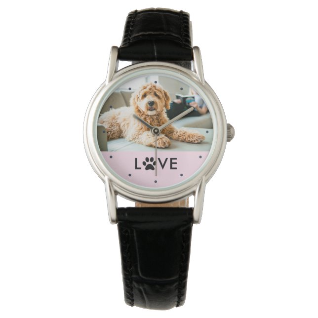 Ihr Hund oder Cat-Foto | Liebe mit Paw Print Armbanduhr (Vorderseite)
