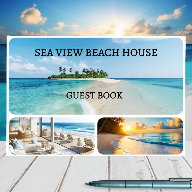 Ihr individuelles Foto Collage Beach House Gästebuch (Guest book with custom photos in a 3 photo grid on the front and 4 photos on the back - beach house)
