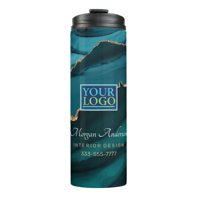 Ihr Logo/Art/Foto, elegant, Aquamarin und Gold Thermosbecher (Vorderseite)