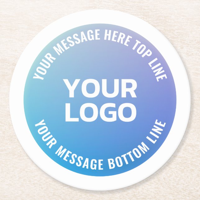 Ihr Logo | Blau bis Lila Ombre und Circle Text Runder Pappuntersetzer (Vorderseite)