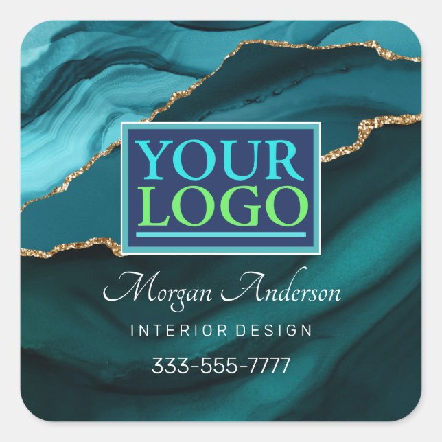 Ihr Logo-Business DIREKT Aquamarines Black & Gold  Quadratischer Aufkleber (Vorderseite)