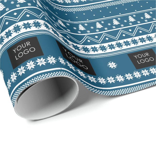 Ihr Logo Business Nordic Christmas Pattern Blau Geschenkpapier (Rolleneckpunkt)